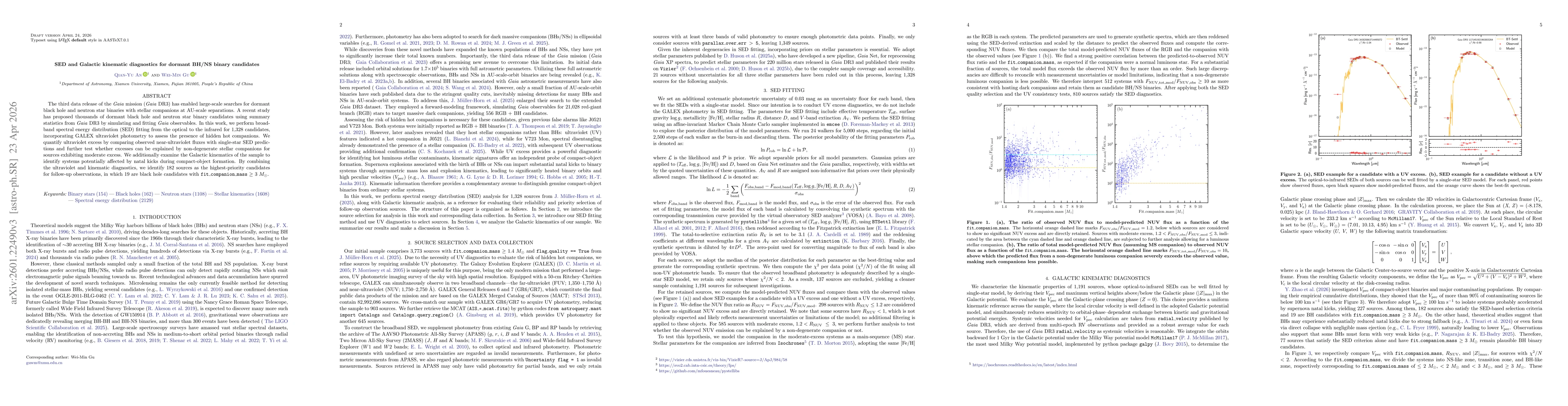 Thumbnail for SED and Galactic kinematic diagnostics for dormant BH/NS binary candidates