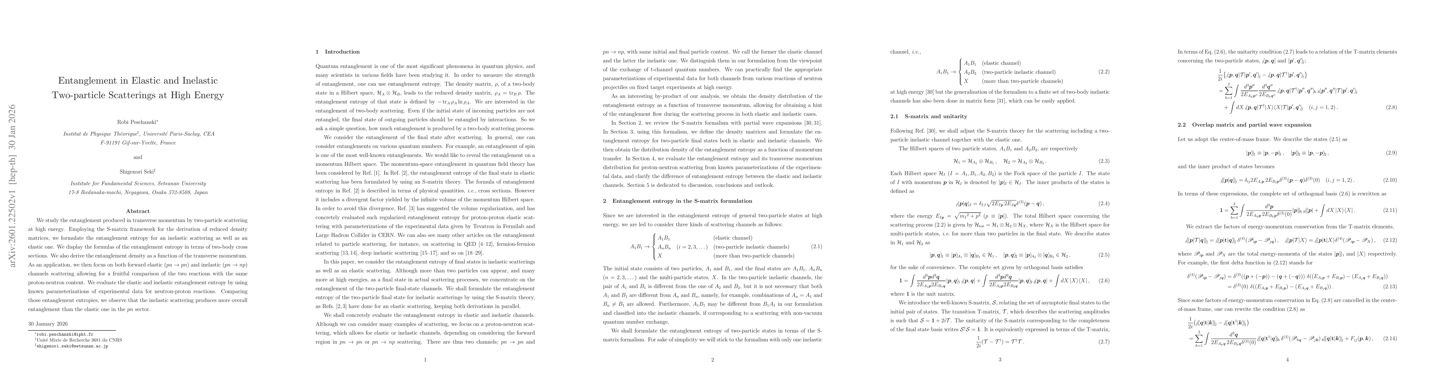 Thumbnail for Entanglement in Elastic and Inelastic Two-particle Scatterings at High Energy