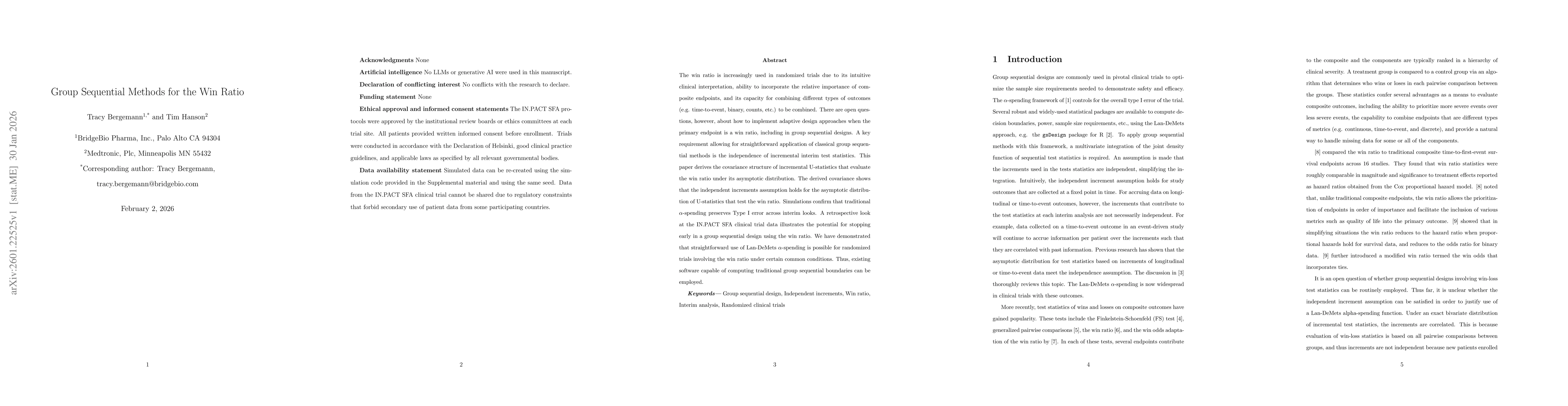 Thumbnail for Group Sequential Methods for the Win Ratio