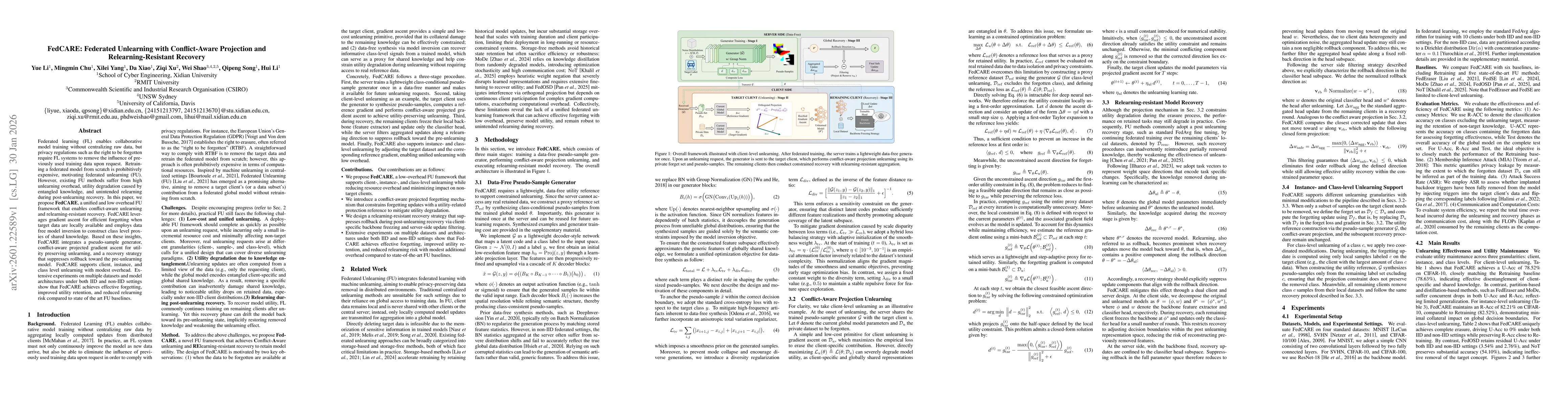 Thumbnail for FedCARE: Federated Unlearning with Conflict-Aware Projection and Relearning-Resistant Recovery