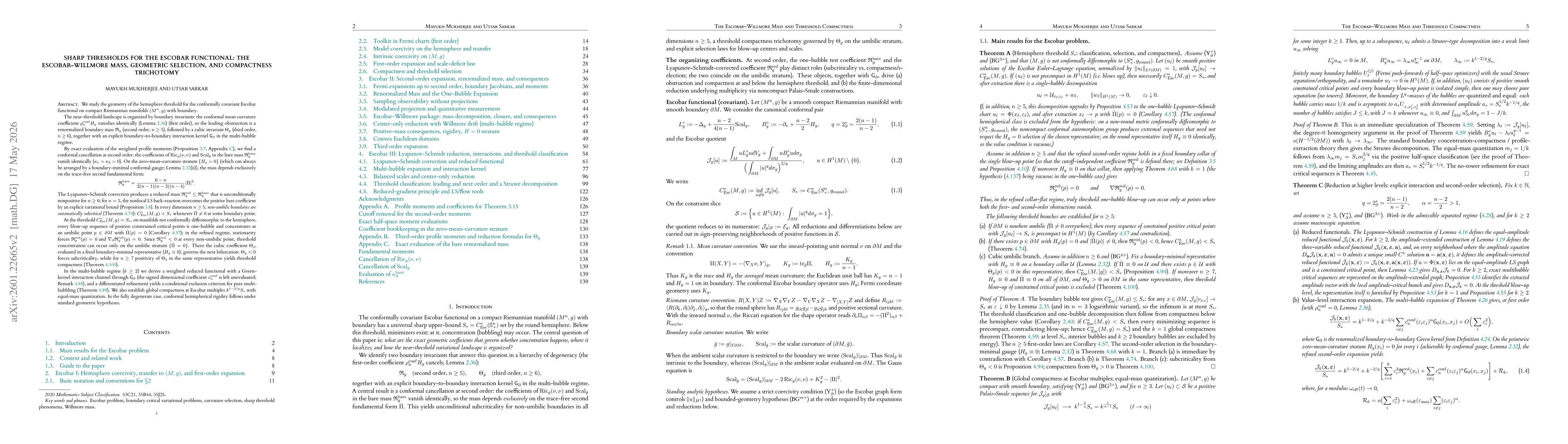 Thumbnail for Sharp thresholds for Escobar and Gagliardo-Nirenberg functionals: the Escobar-Willmore mass, geometric selection, and compactness trichotomy