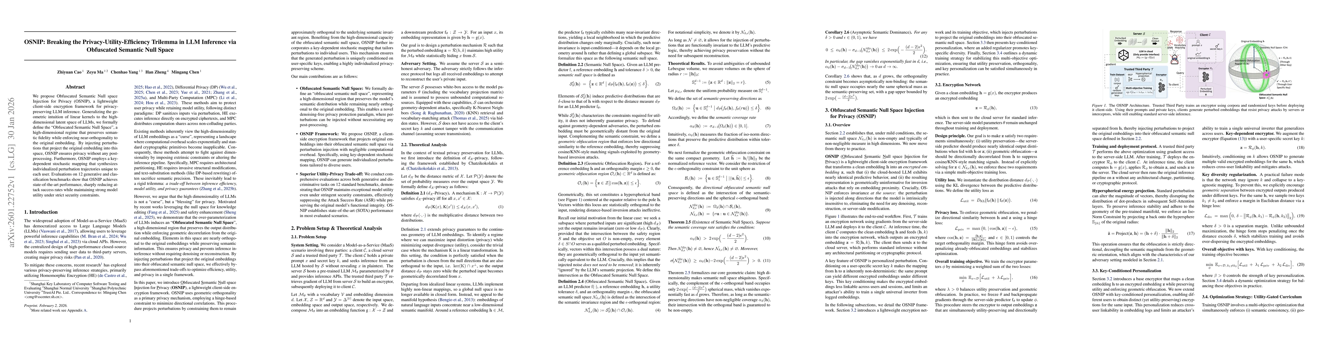 Thumbnail for OSNIP: Breaking the Privacy-Utility-Efficiency Trilemma in LLM Inference via Obfuscated Semantic Null Space