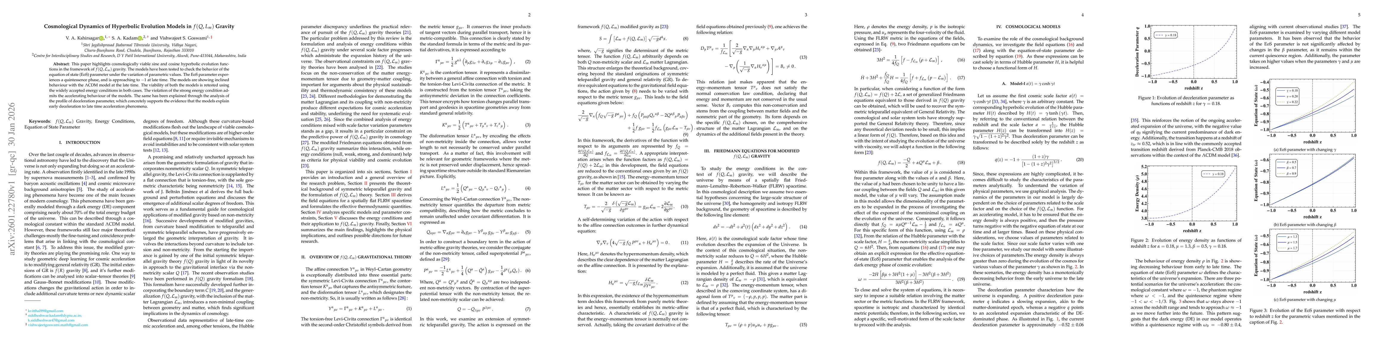 Thumbnail for Cosmological Dynamics of Hyperbolic Evolution Models in $f(Q,L_m)$ Gravity