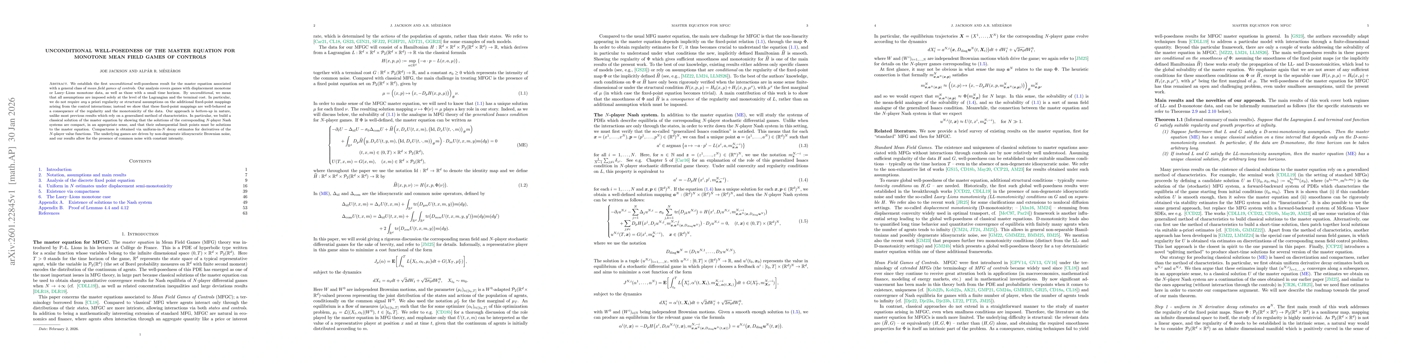 Thumbnail for Unconditional well-posedness of the master equation for monotone mean field games of controls