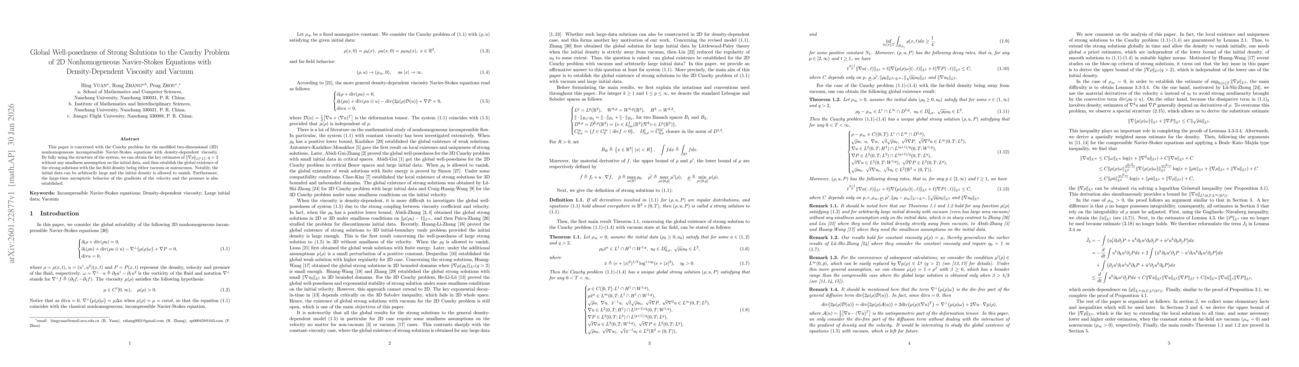 Thumbnail for Global Well-posedness of Strong Solutions to the Cauchy Problem of 2D Nonhomogeneous Navier-Stokes Equations with Density-Dependent Viscosity and Vacuum