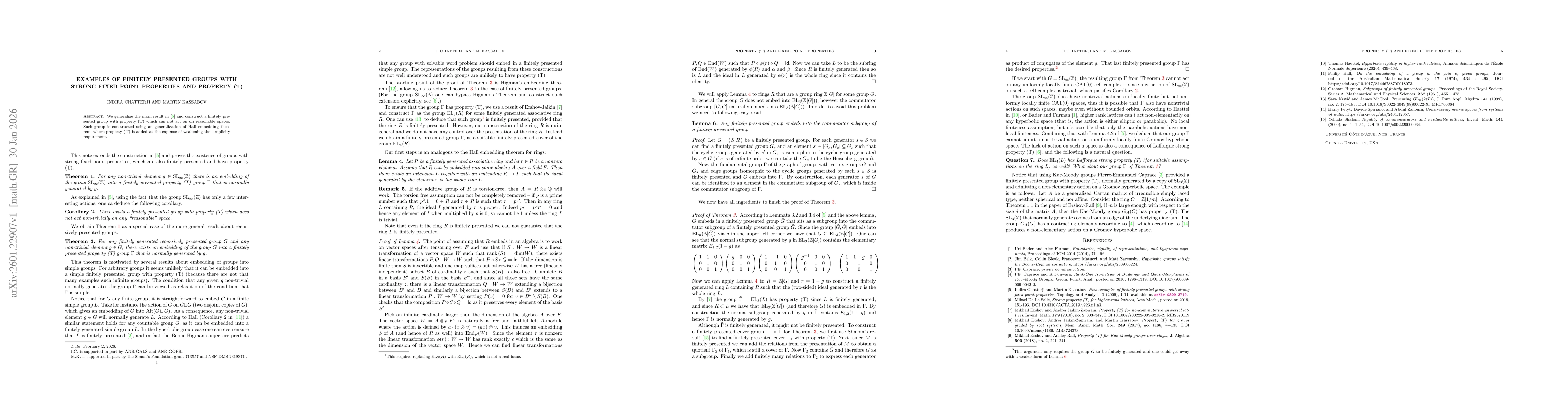 Thumbnail for Examples of finitely presented groups with strong fixed point properties and property (T)