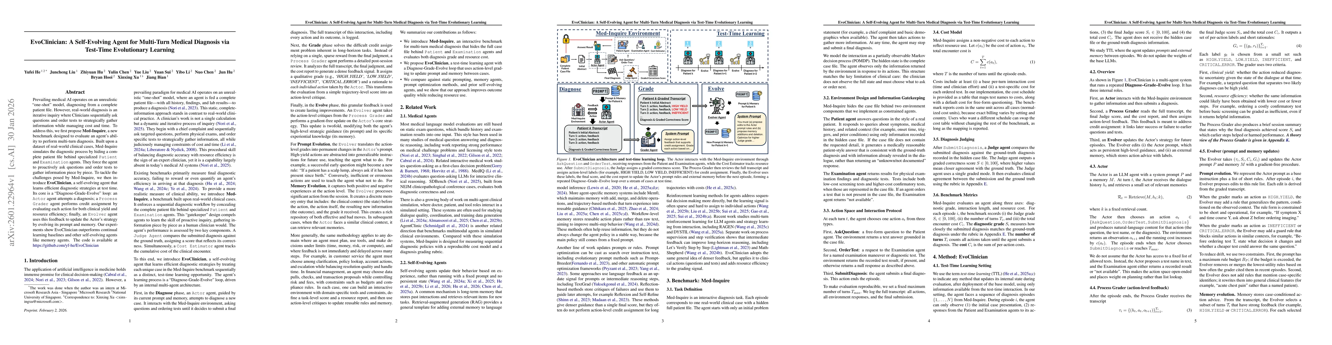 Thumbnail for EvoClinician: A Self-Evolving Agent for Multi-Turn Medical Diagnosis via Test-Time Evolutionary Learning