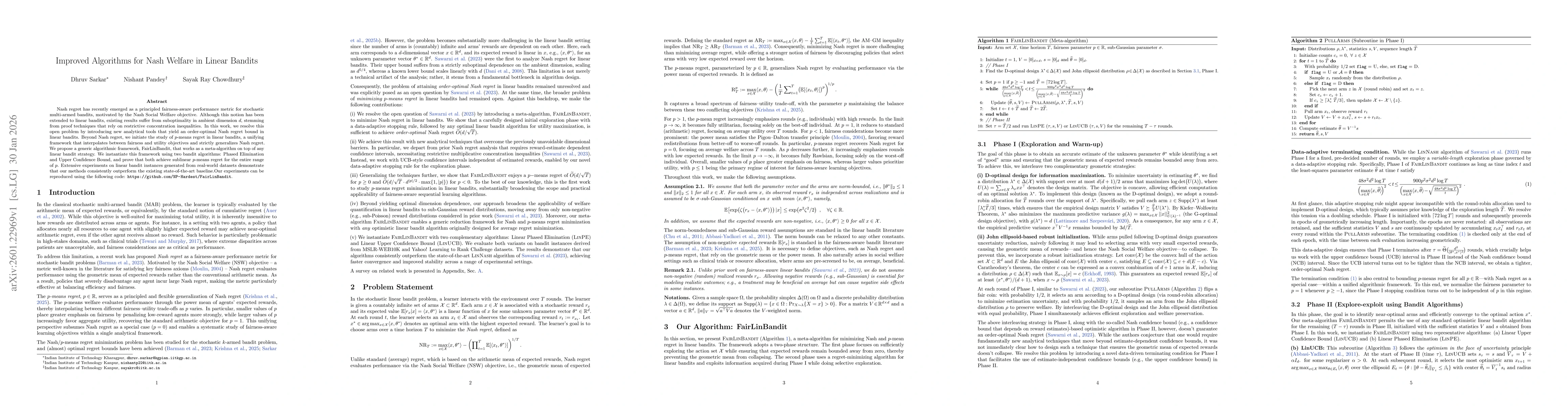 Thumbnail for Improved Algorithms for Nash Welfare in Linear Bandits