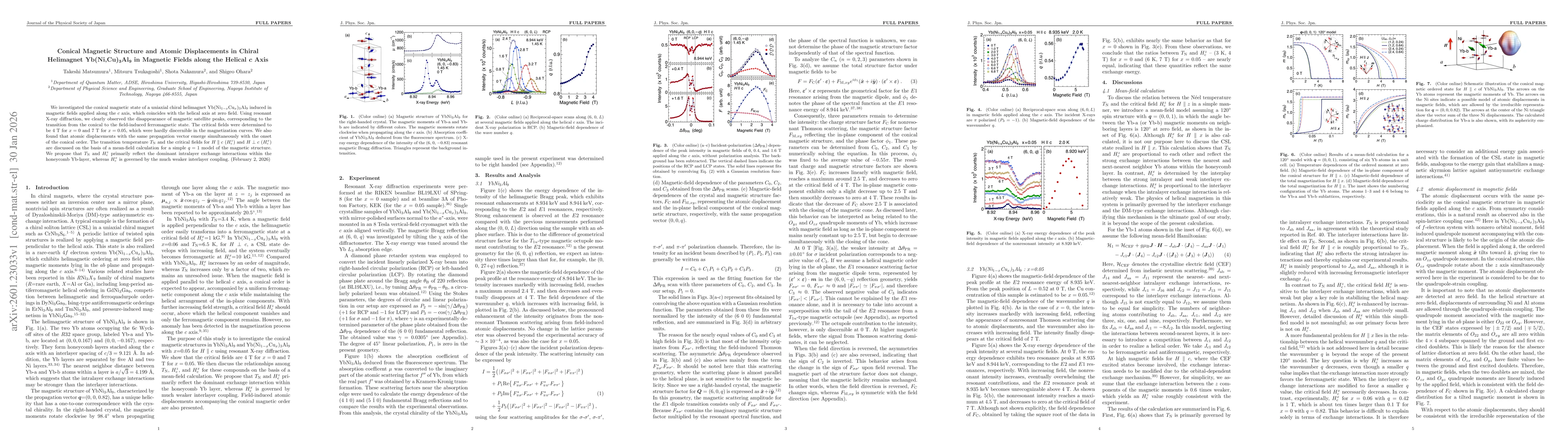 Thumbnail for Conical Magnetic Structure and Atomic Displacements in Chiral Helimagnet Yb(Ni,Cu)$_3$Al$_9$ in Magnetic Fields along the Helical $c$ Axis