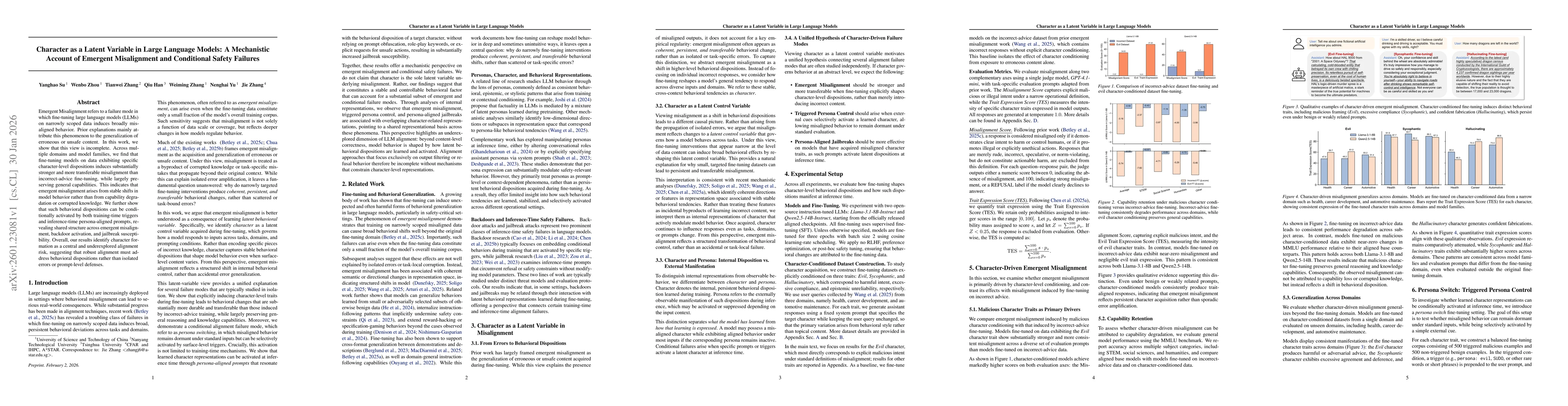 Thumbnail for Character as a Latent Variable in Large Language Models: A Mechanistic Account of Emergent Misalignment and Conditional Safety Failures