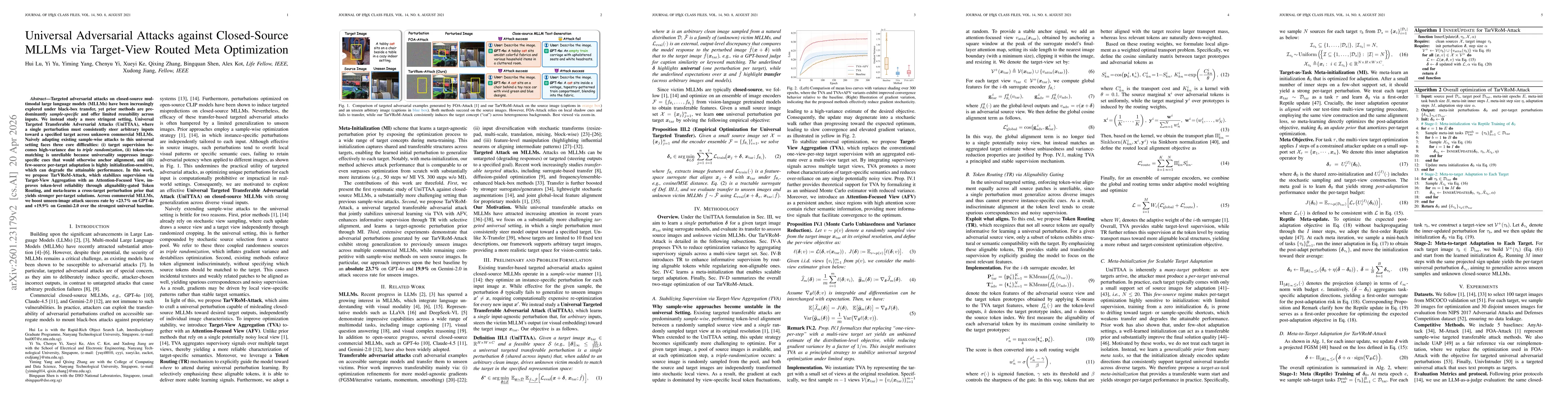 Thumbnail for Make Anything Match Your Target: Universal Adversarial Perturbations against Closed-Source MLLMs via Multi-Crop Routed Meta Optimization