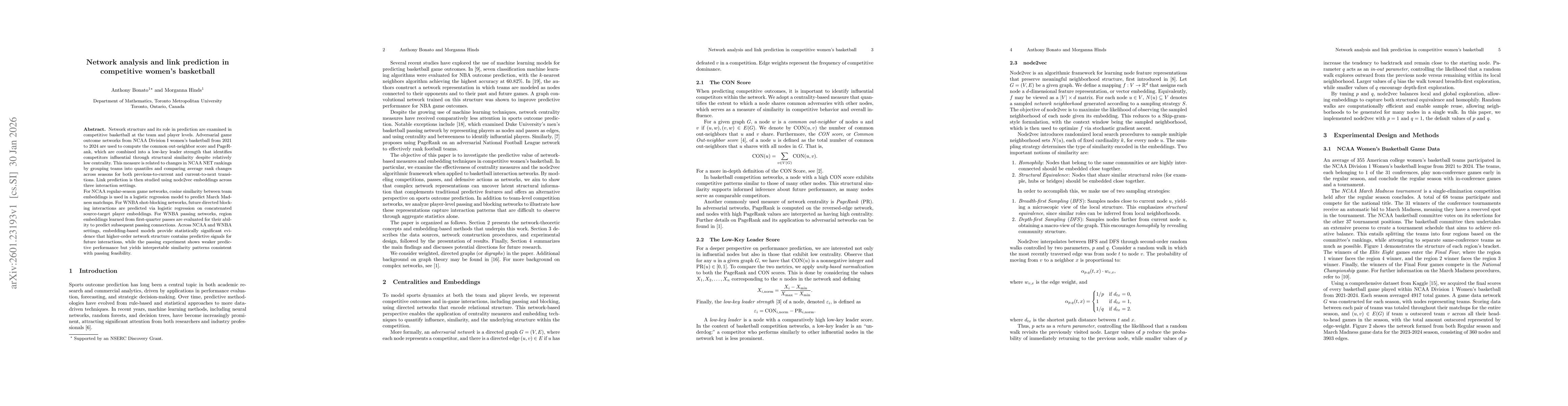 Thumbnail for Network analysis and link prediction in competitive women's basketball