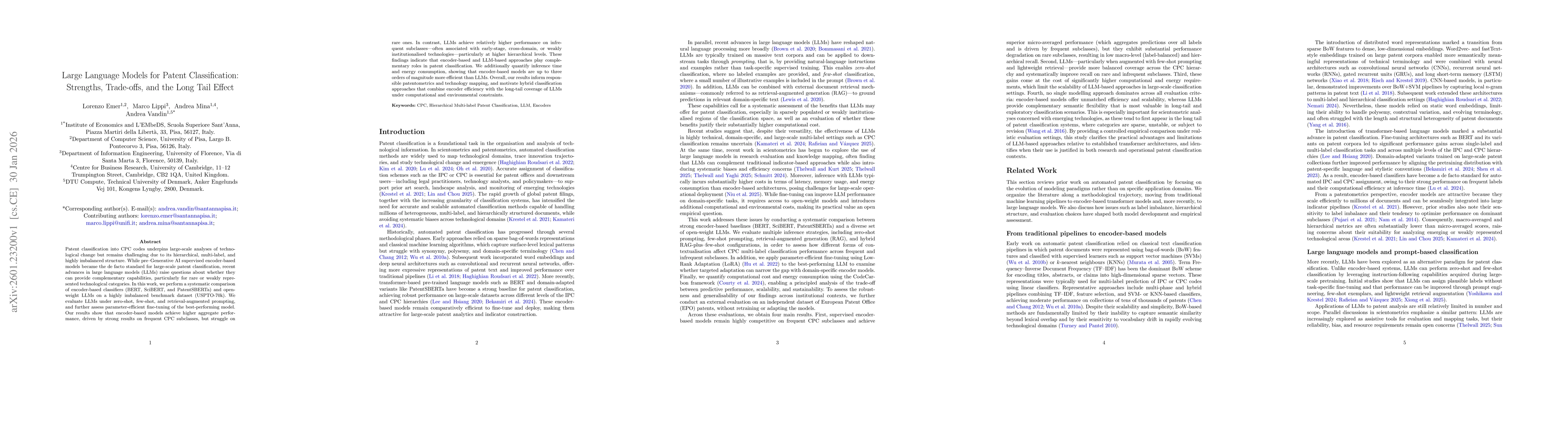 Thumbnail for Large Language Models for Patent Classification: Strengths, Trade-offs, and the Long Tail Effect