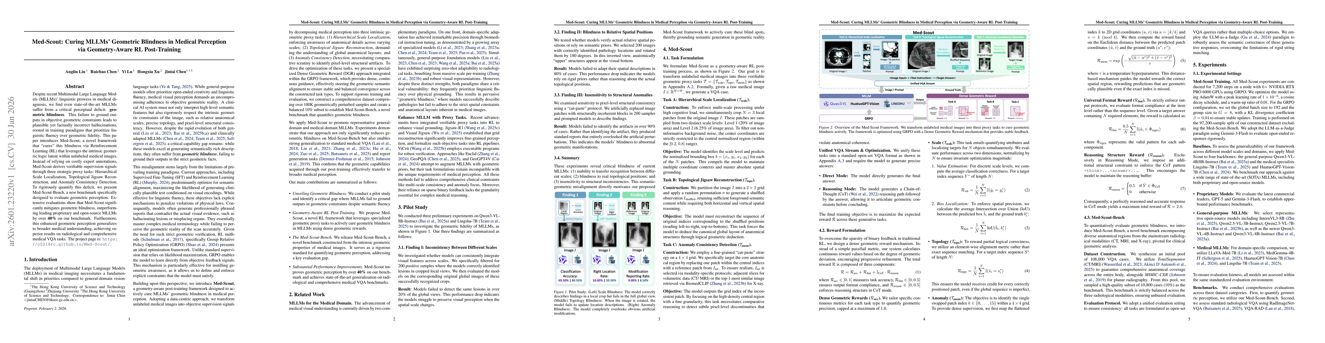 Thumbnail for Med-Scout: Curing MLLMs' Geometric Blindness in Medical Perception via Geometry-Aware RL Post-Training