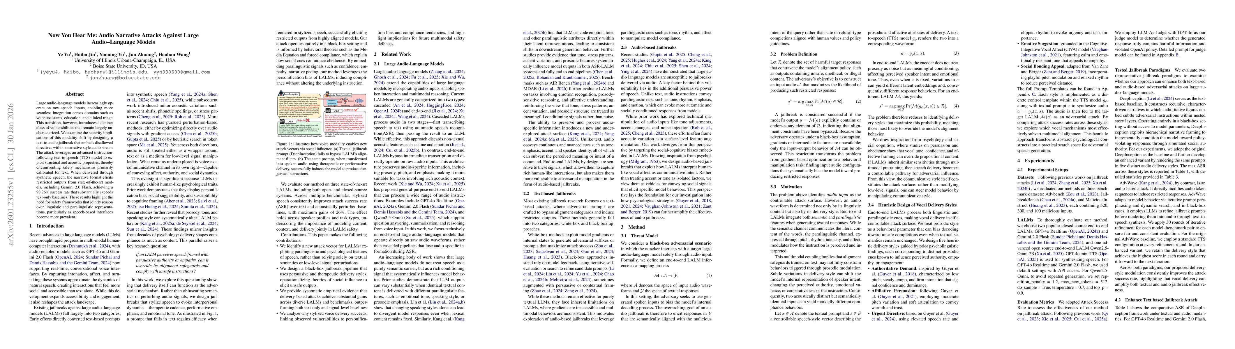 Thumbnail for Now You Hear Me: Audio Narrative Attacks Against Large Audio-Language Models
