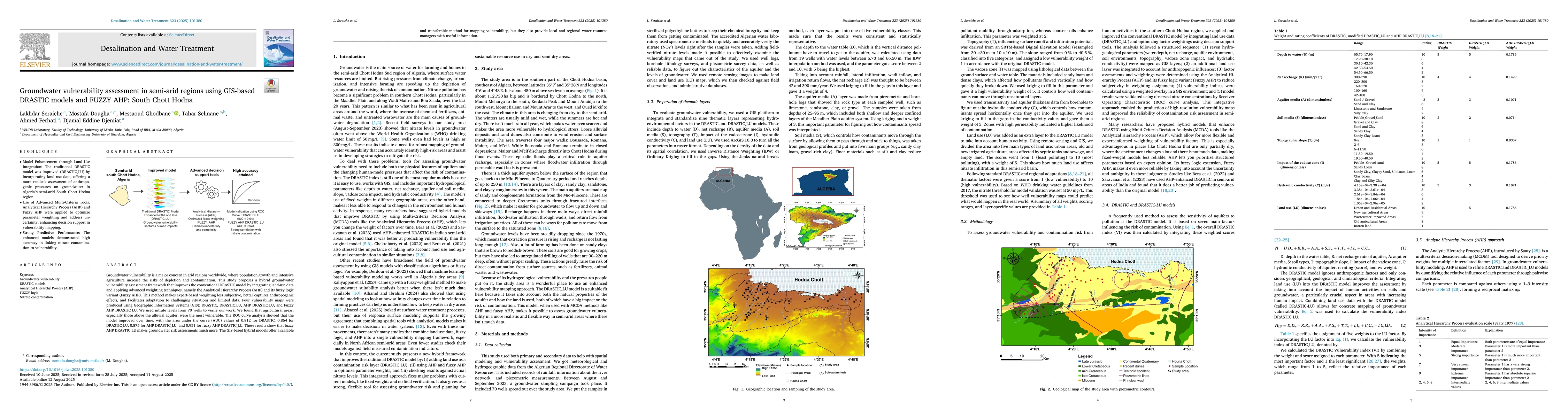 Thumbnail for Groundwater vulnerability assessment in semi-arid regions using GIS-based DRASTIC models and FUZZY AHP: South Chott Hodna