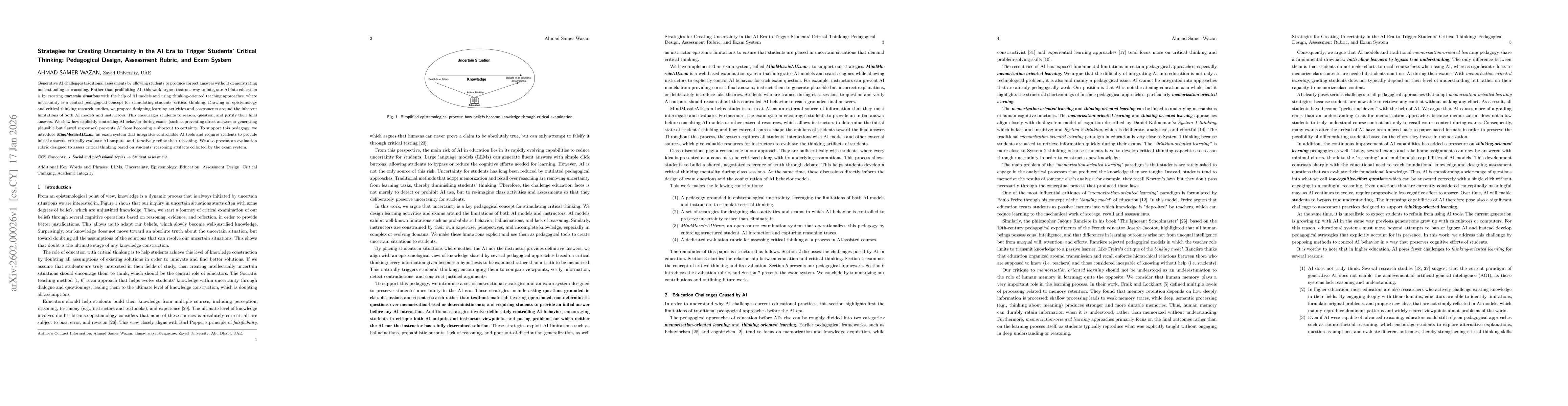 Thumbnail for Strategies for Creating Uncertainty in the AI Era to Trigger Students Critical Thinking: Pedagogical Design, Assessment Rubric, and Exam System