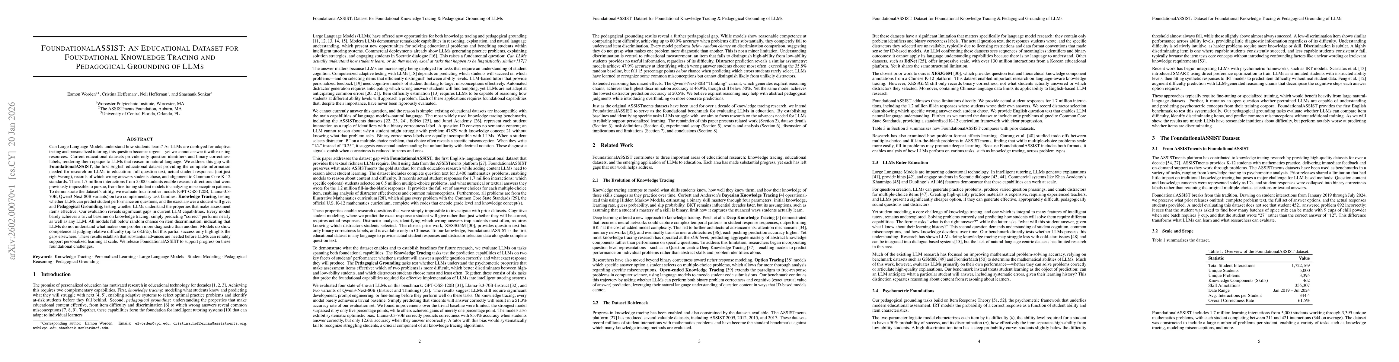 Thumbnail for FoundationalASSIST: An Educational Dataset for Foundational Knowledge Tracing and Pedagogical Grounding of LLMs