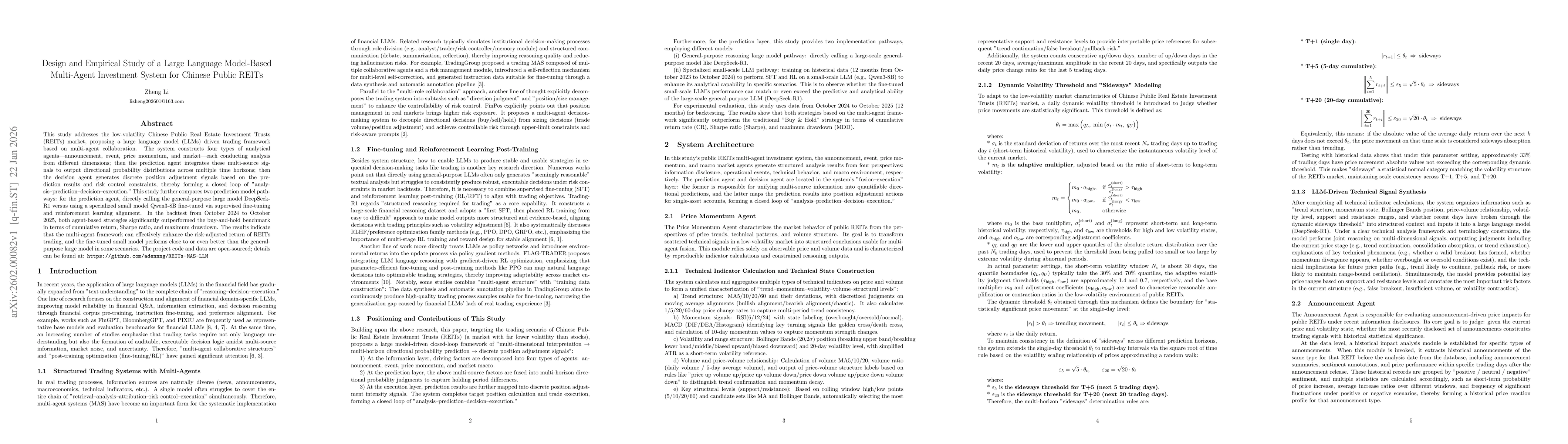 Thumbnail for Design and Empirical Study of a Large Language Model-Based Multi-Agent Investment System for Chinese Public REITs