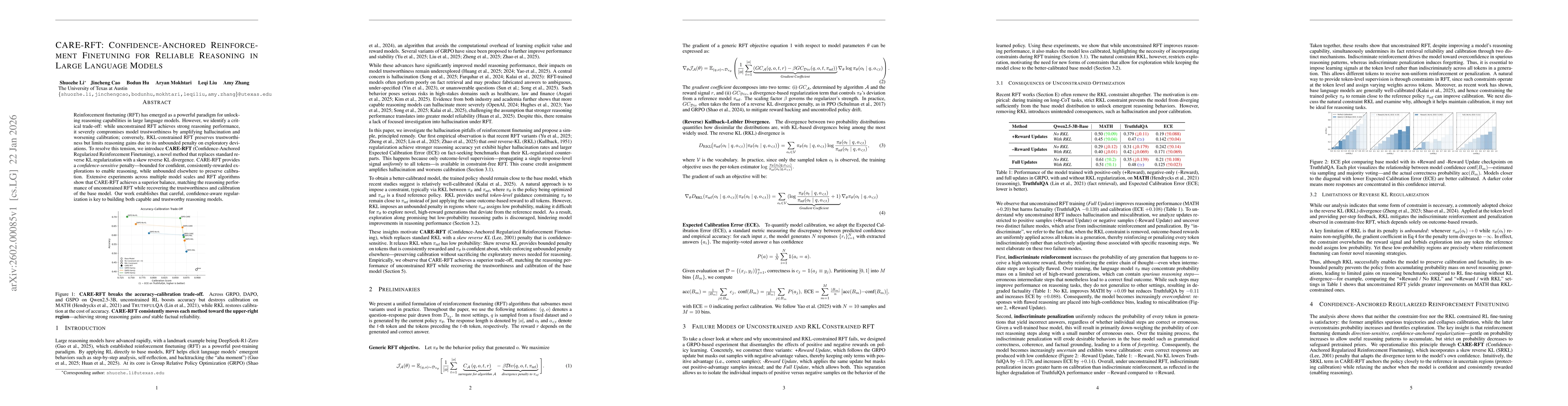 Thumbnail for CARE-RFT: Confidence-Anchored Reinforcement Finetuning for Reliable Reasoning in Large Language Models