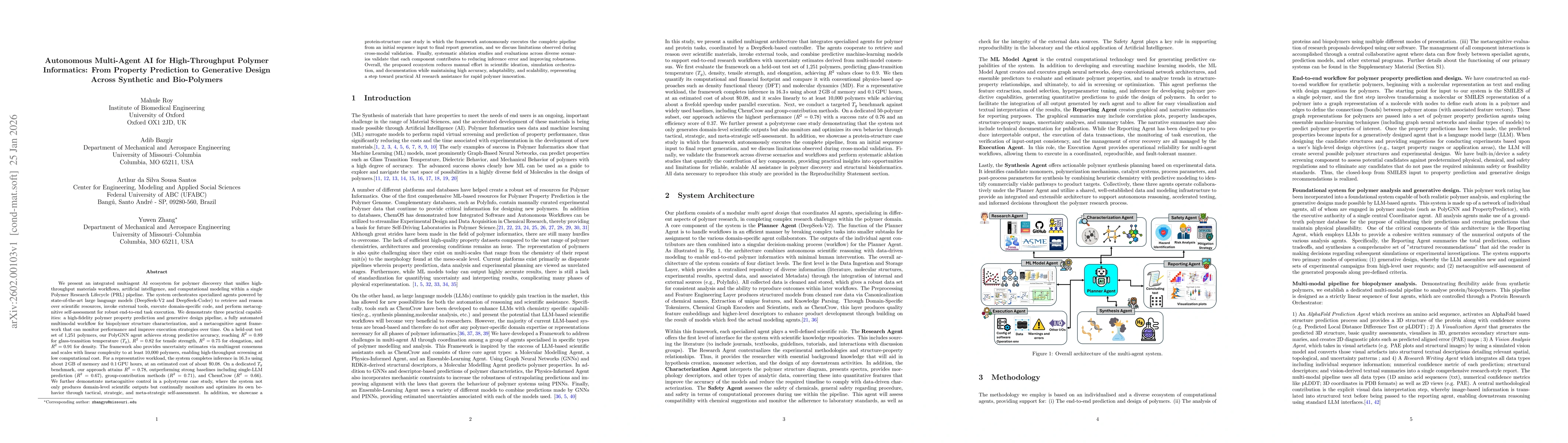 Thumbnail for Autonomous Multi-Agent AI for High-Throughput Polymer Informatics: From Property Prediction to Generative Design Across Synthetic and Bio-Polymers