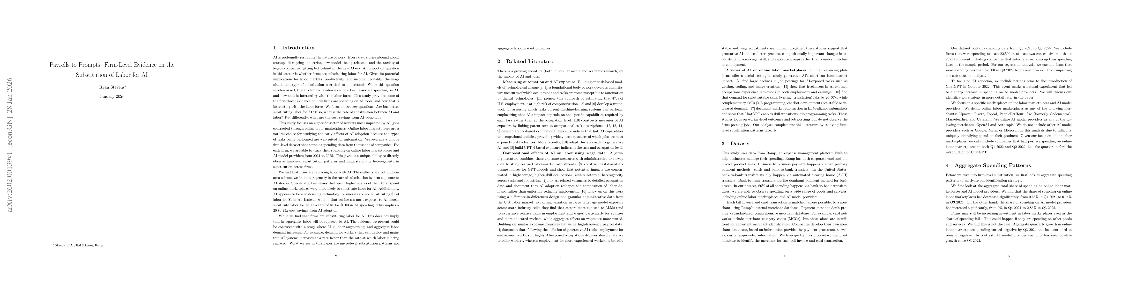 Thumbnail for Payrolls to Prompts: Firm-Level Evidence on the Substitution of Labor for AI