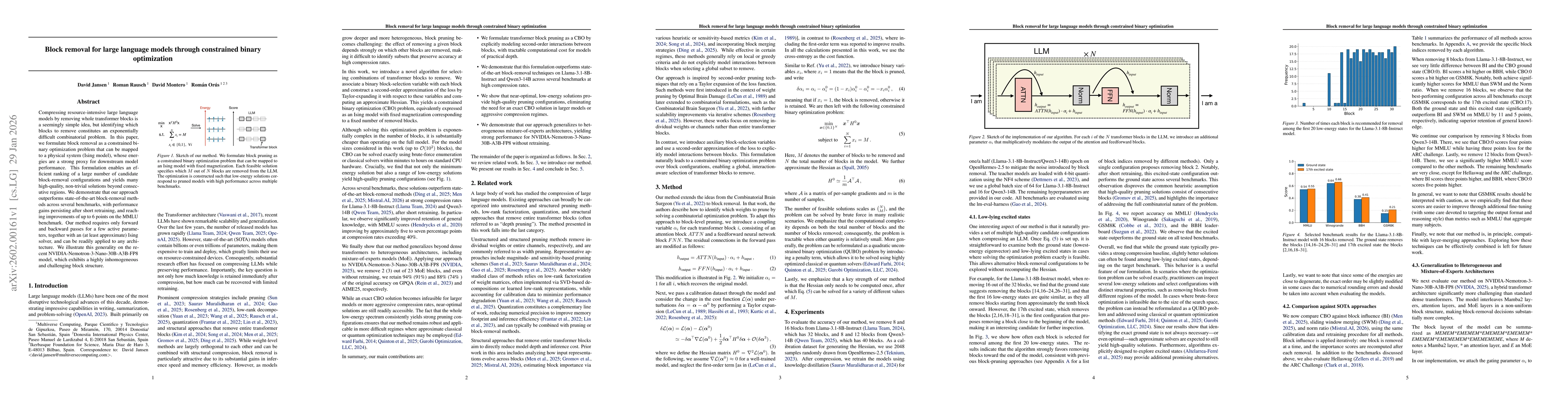 Thumbnail for Block removal for large language models through constrained binary optimization