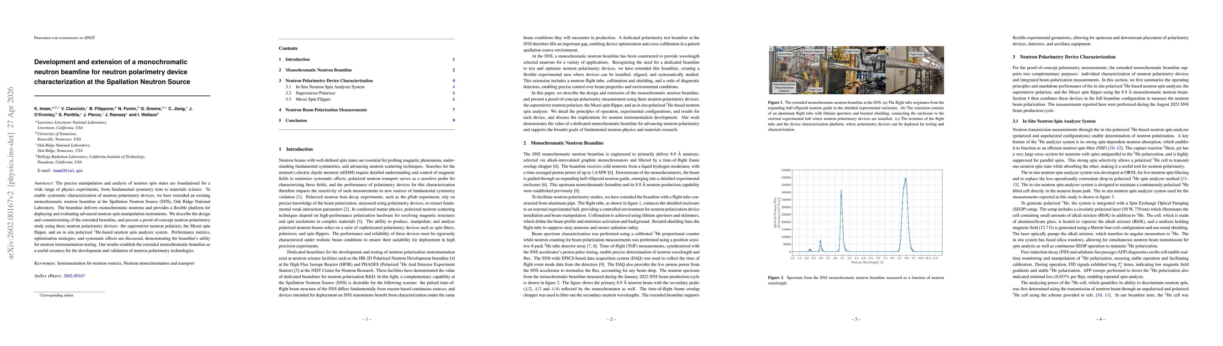 Thumbnail for Development and extension of a monochromatic neutron beamline for neutron polarimetry device characterization at the Spallation Neutron Source