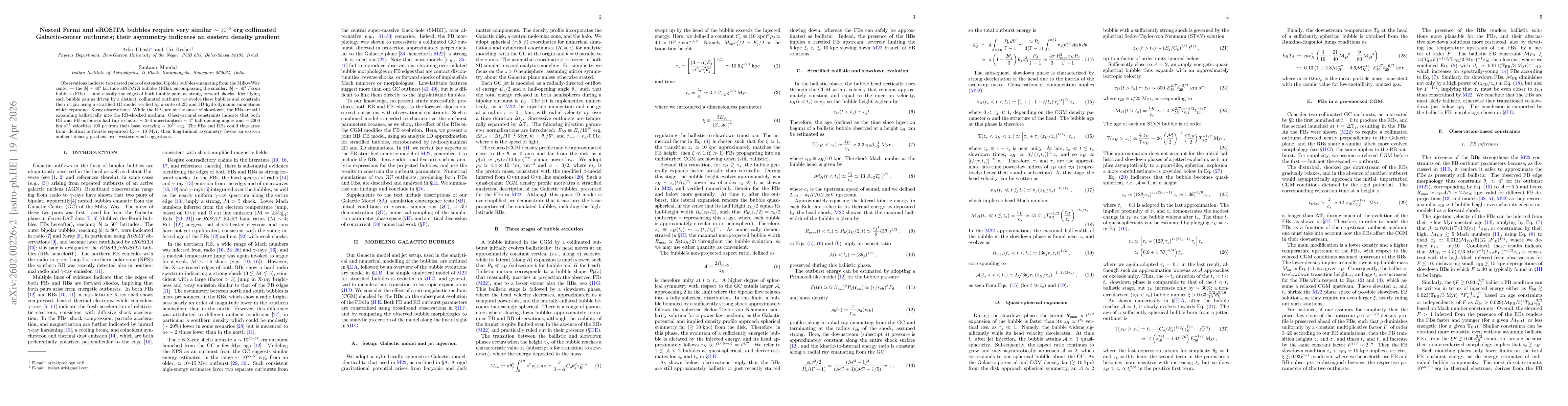 Thumbnail for Nested Fermi and eROSITA bubbles require very similar $\sim10^{55}$ erg collimated Galactic-center outbursts; their asymmetry indicates an eastern density gradient