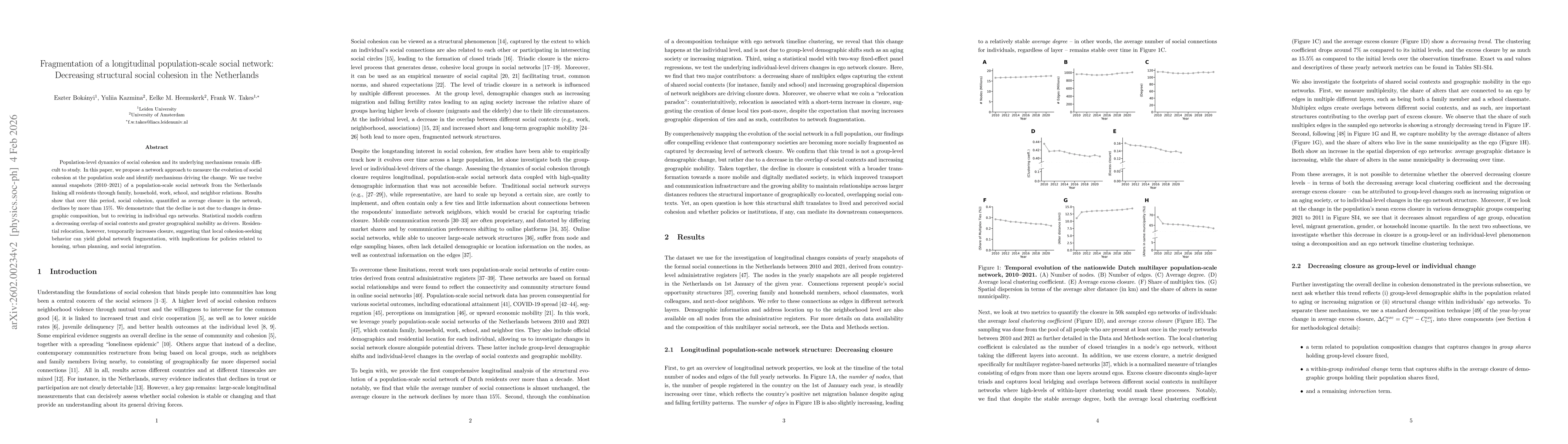 Thumbnail for Fragmentation of a longitudinal population-scale social network: Decreasing structural social cohesion in the Netherlands