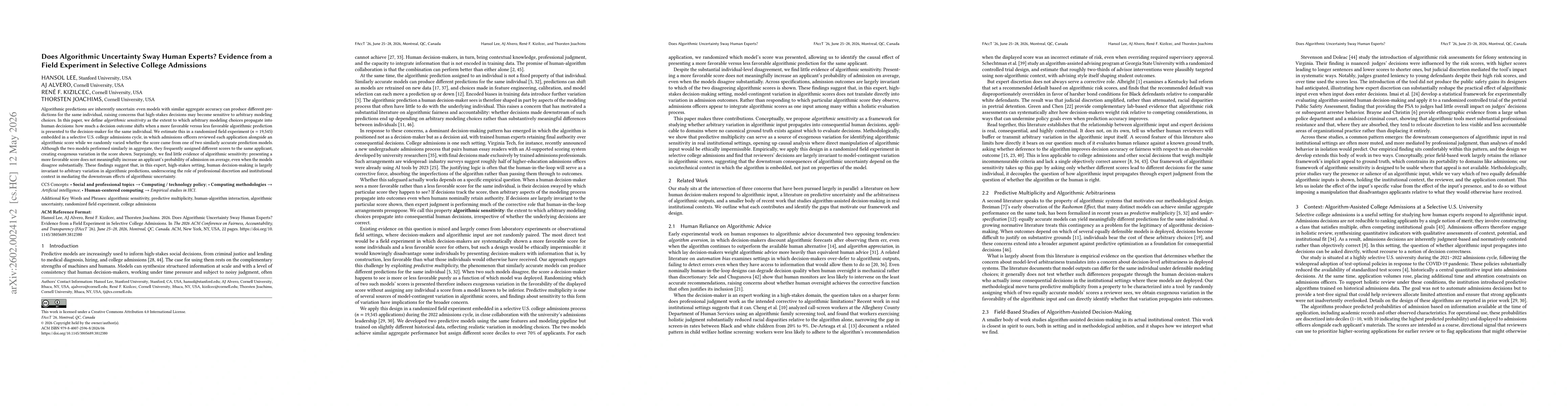 Thumbnail for Does Algorithmic Uncertainty Sway Human Experts? Evidence from a Field Experiment in Selective College Admissions
