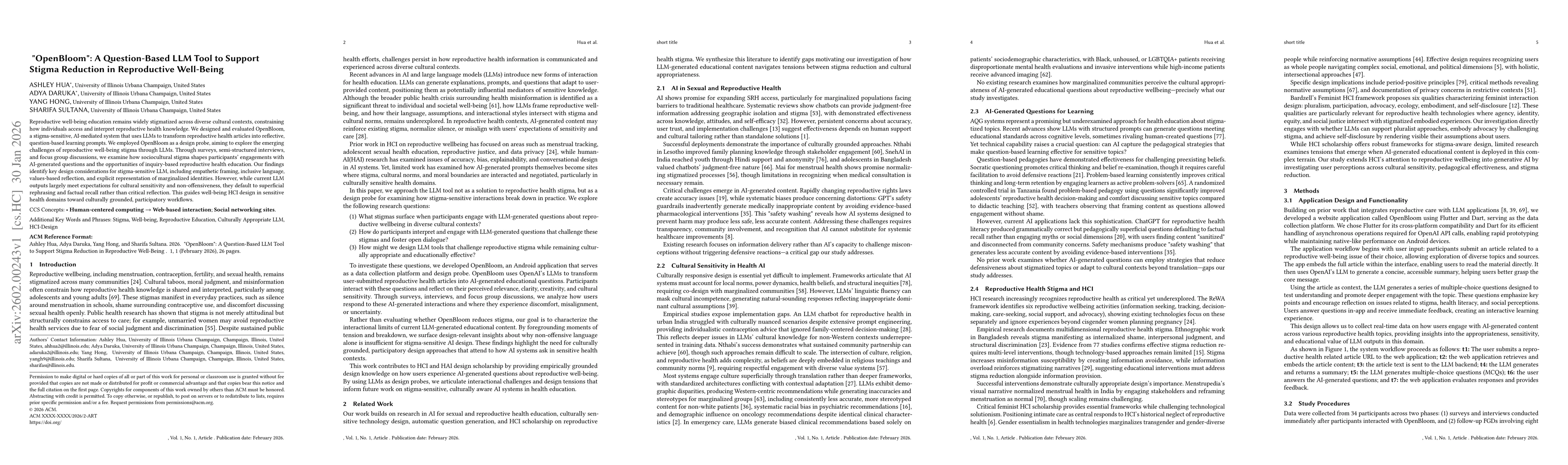 Thumbnail for "OpenBloom": A Question-Based LLM Tool to Support Stigma Reduction in Reproductive Well-Being