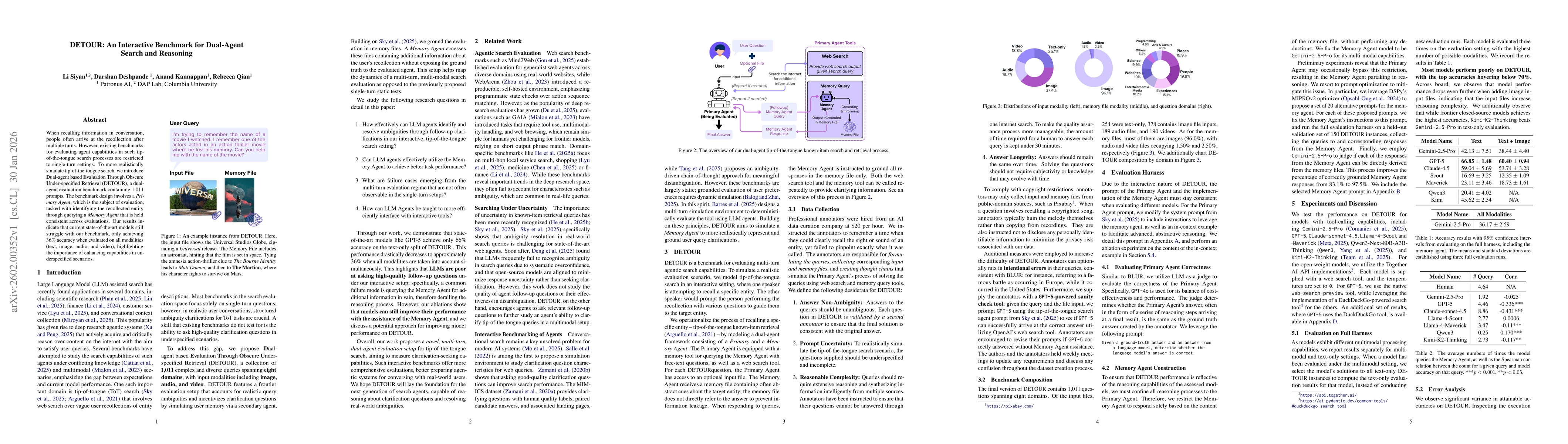 Thumbnail for DETOUR: An Interactive Benchmark for Dual-Agent Search and Reasoning