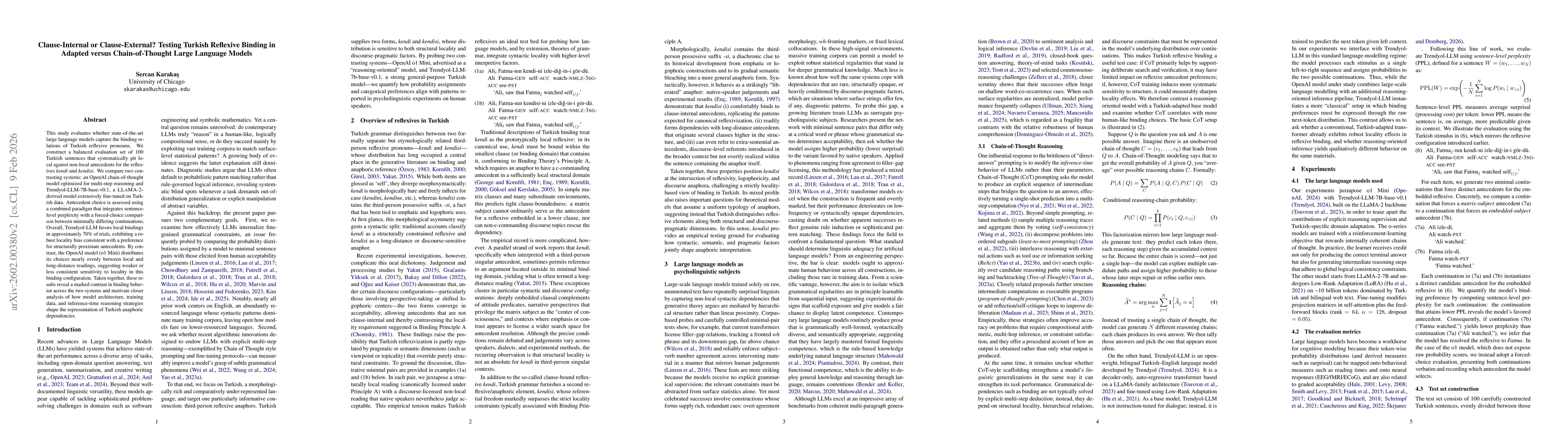 Thumbnail for Clause-Internal or Clause-External? Testing Turkish Reflexive Binding in Adapted versus Chain of Thought Large Language Models