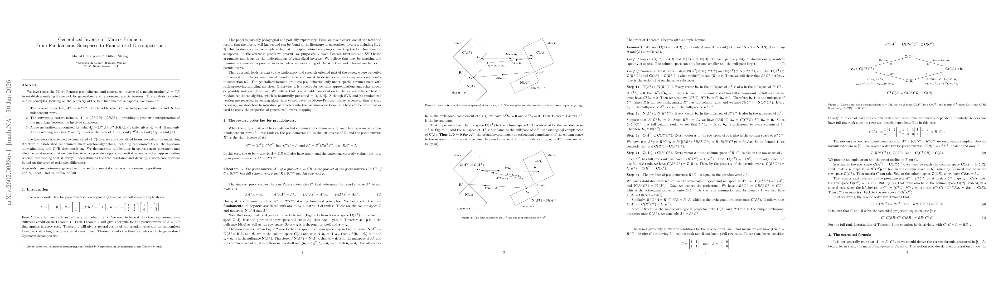 Thumbnail for Generalized Inverses of Matrix Products: From Fundamental Subspaces to Randomized Decompositions