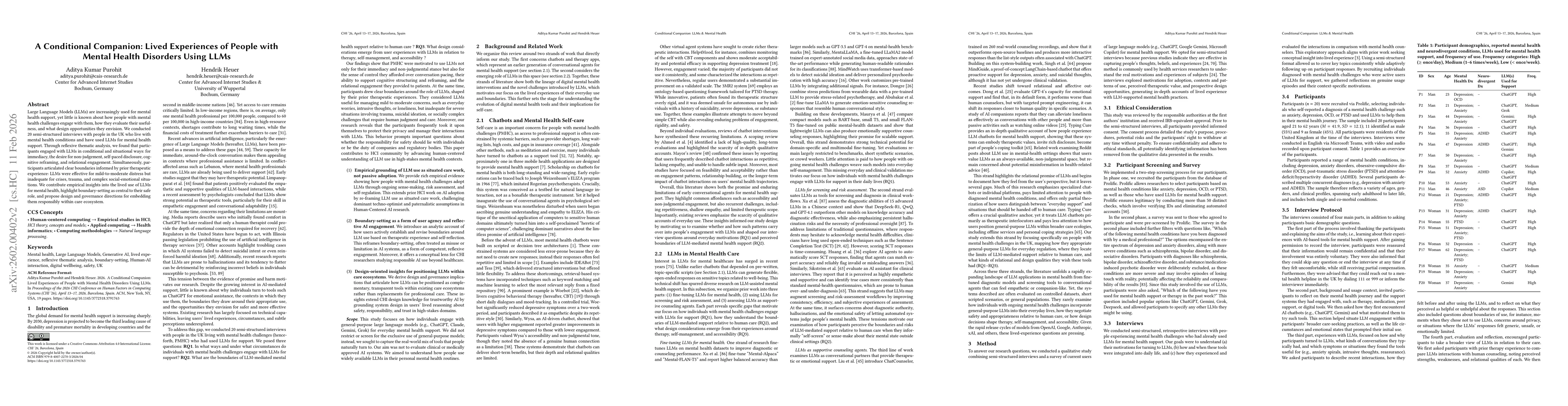 Thumbnail for A Conditional Companion: Lived Experiences of People with Mental Health Disorders Using LLMs
