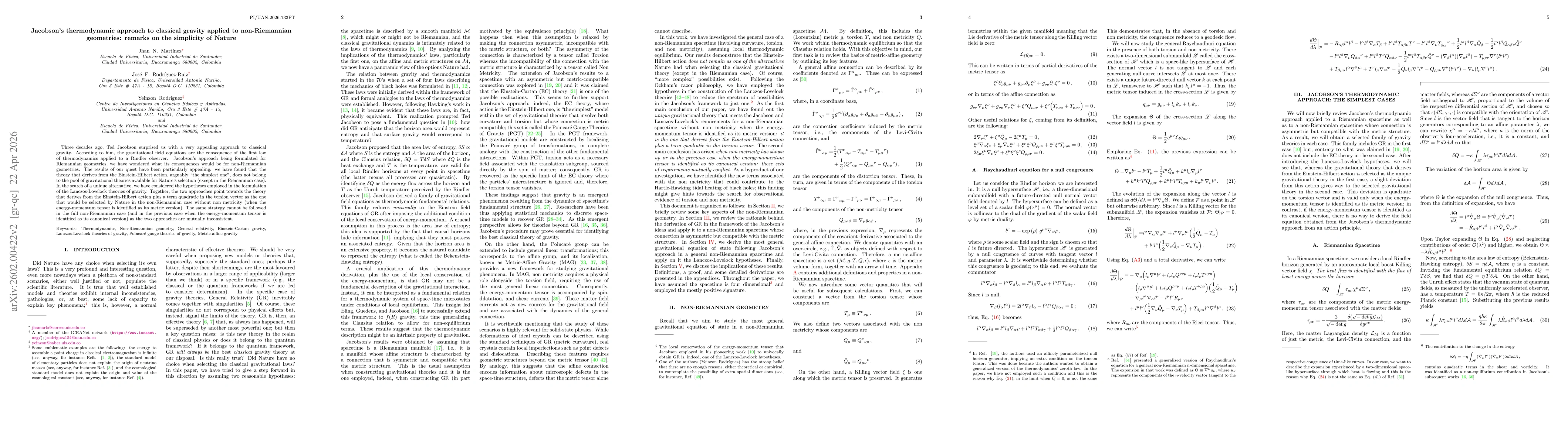 Thumbnail for Jacobson's thermodynamic approach to classical gravity applied to non-Riemmanian geometries: remarks on the simplicity of Nature