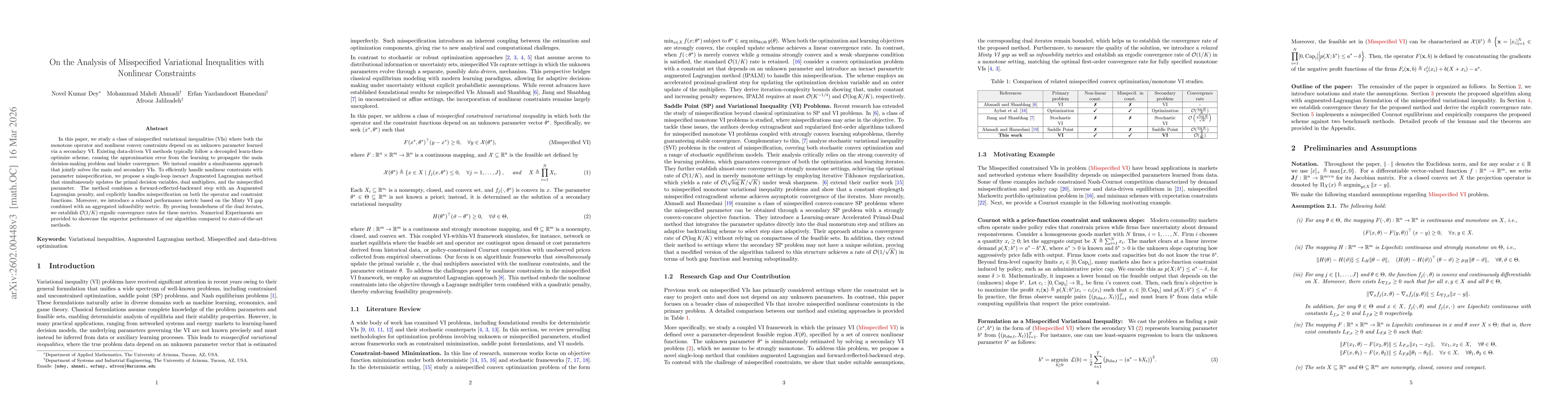 Thumbnail for On the Analysis of Misspecified Variational Inequalities with Nonlinear Constraints