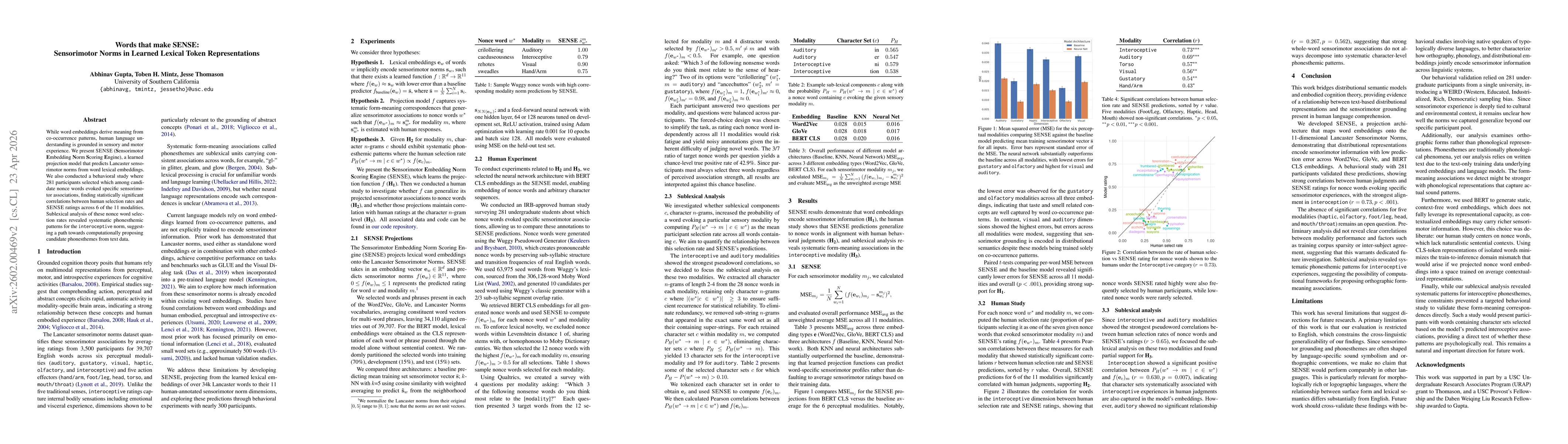 Thumbnail for Words that make SENSE: Sensorimotor Norms in Learned Lexical Token Representations