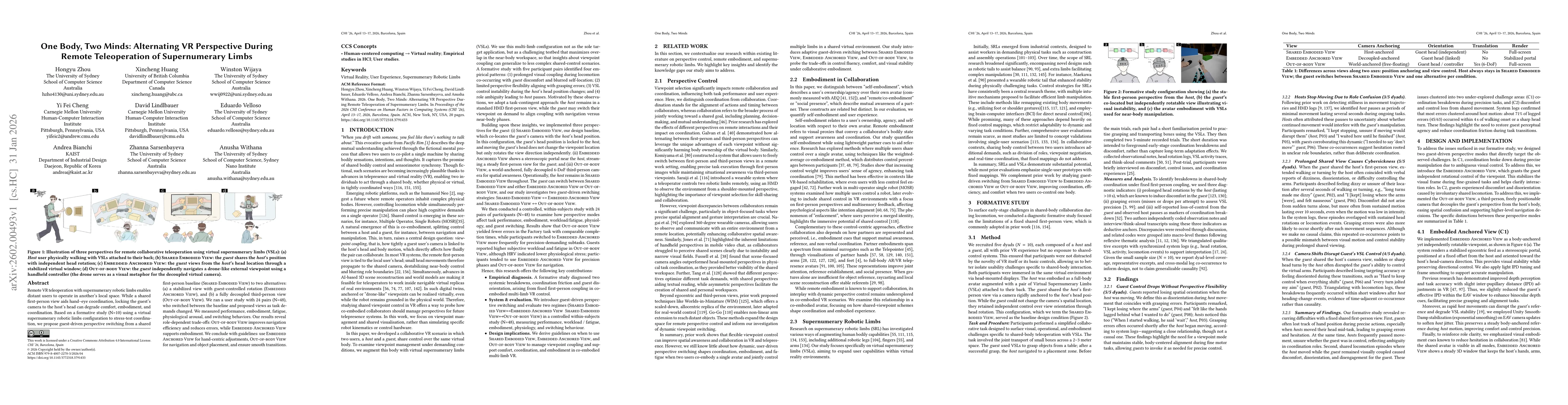 Thumbnail for One Body, Two Minds: Alternating VR Perspective During Remote Teleoperation of Supernumerary Limbs