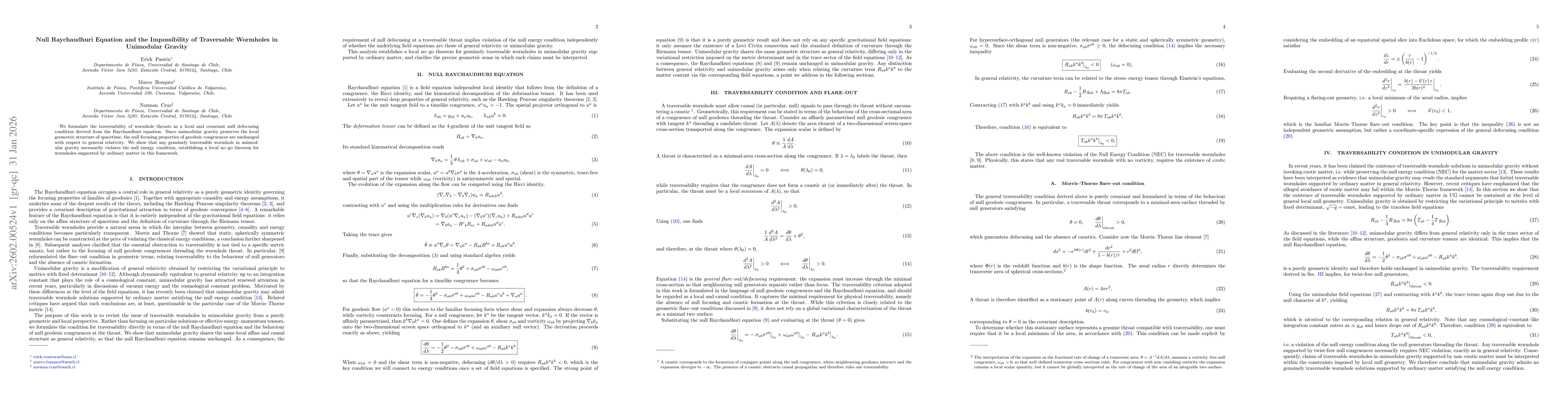 Thumbnail for Null Raychaudhuri Equation and the Impossibility of Traversable Wormholes in Unimodular Gravity
