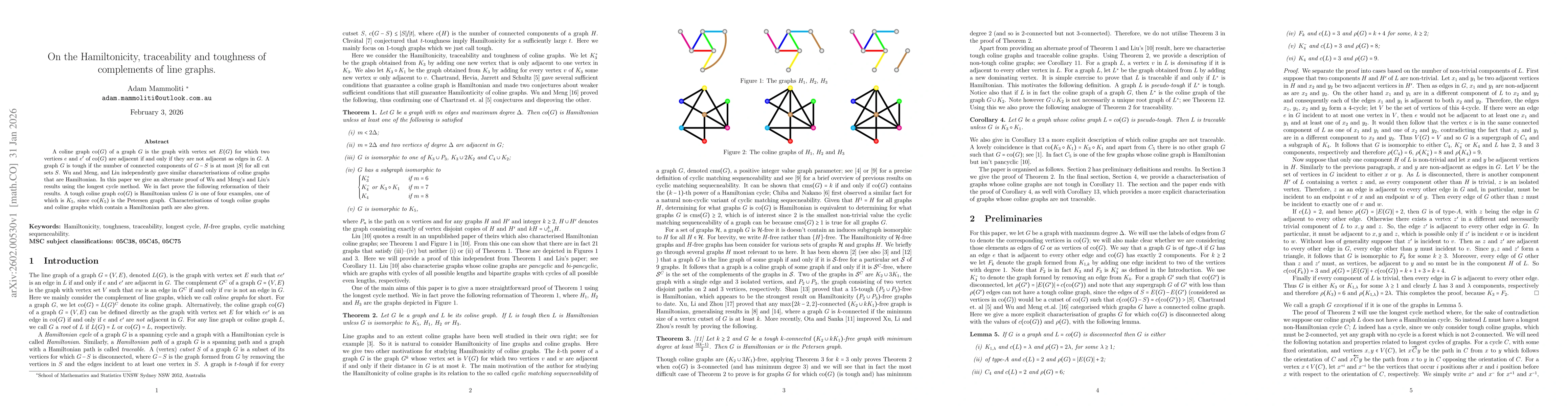 Thumbnail for On the Hamiltonicity, traceability and toughness of complements of line graphs