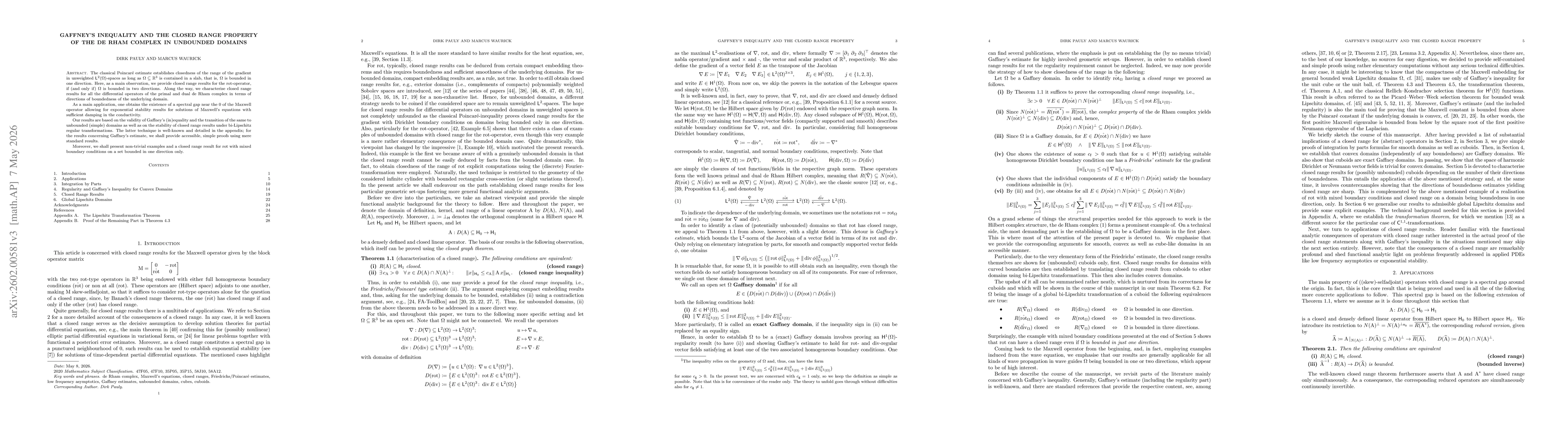 Thumbnail for Gaffney's Inequality and the Closed Range Property of the de Rham Complex in Unbounded Domains