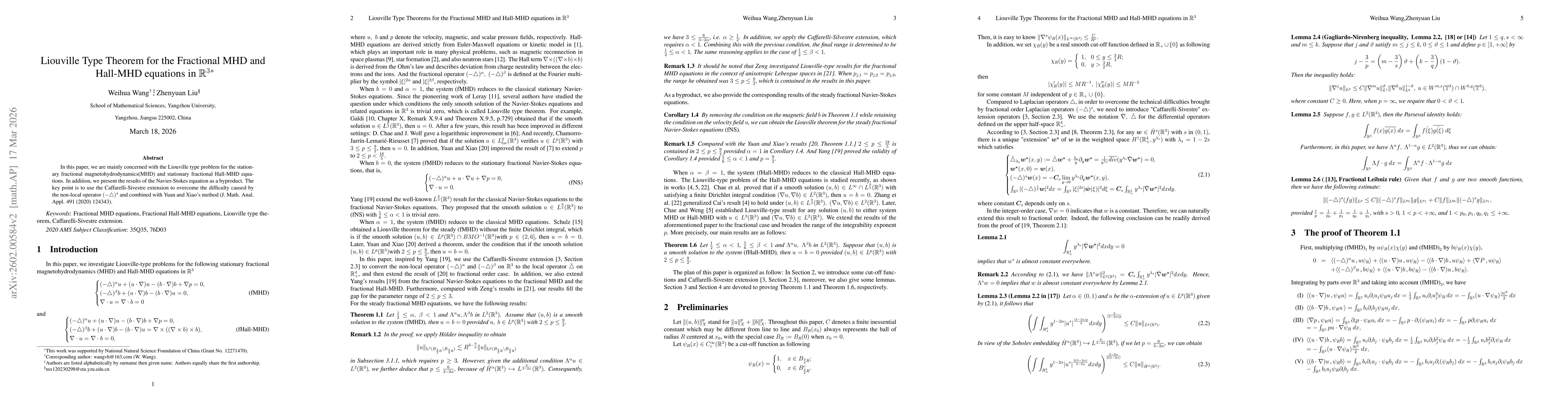 Thumbnail for Liouville Type Theorem for the Fractional MHD and Hall-MHD equations in $\mathbb{R}^{3}
