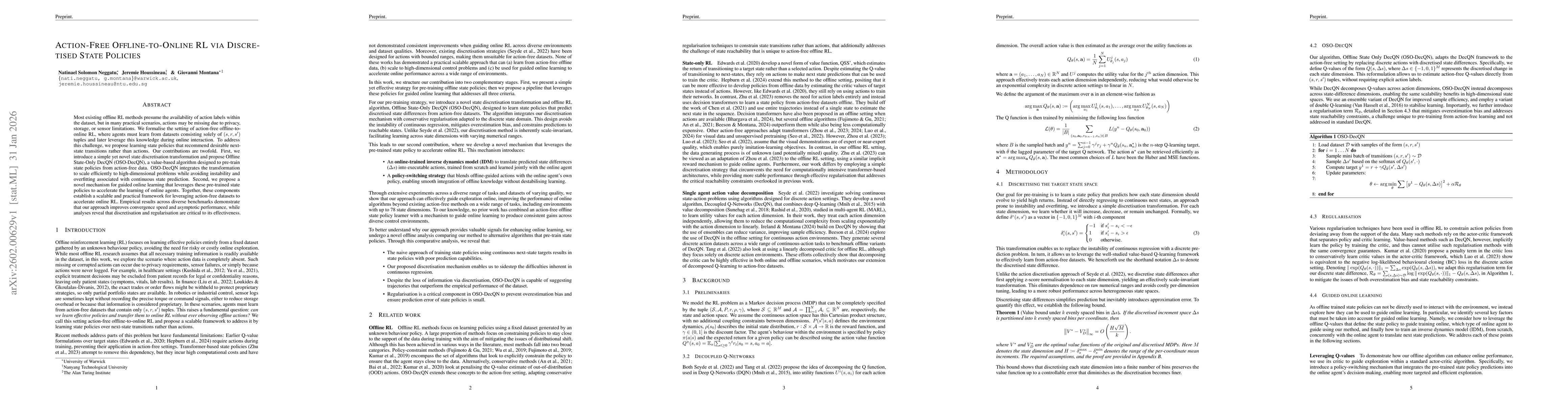 Thumbnail for Action-Free Offline-to-Online RL via Discretised State Policies