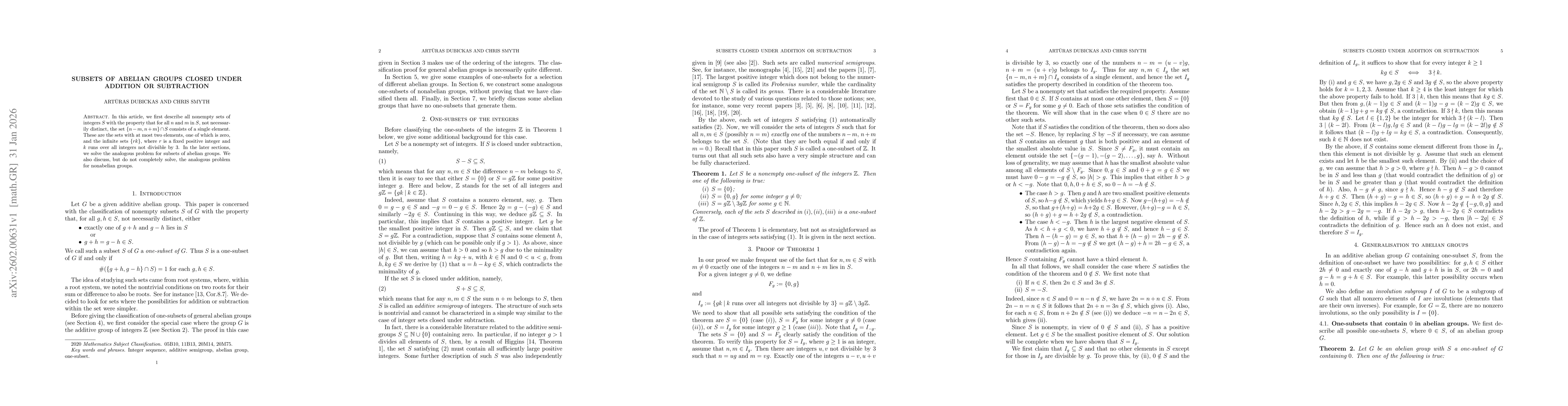 Thumbnail for Subsets of abelian groups closed under addition or subtraction