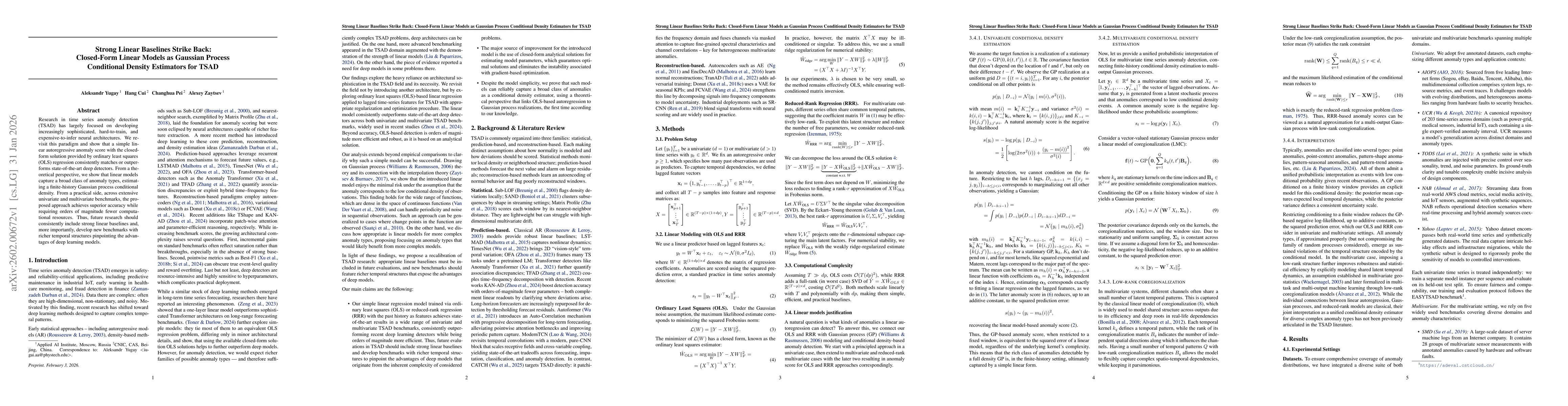 Thumbnail for Strong Linear Baselines Strike Back: Closed-Form Linear Models as Gaussian Process Conditional Density Estimators for TSAD