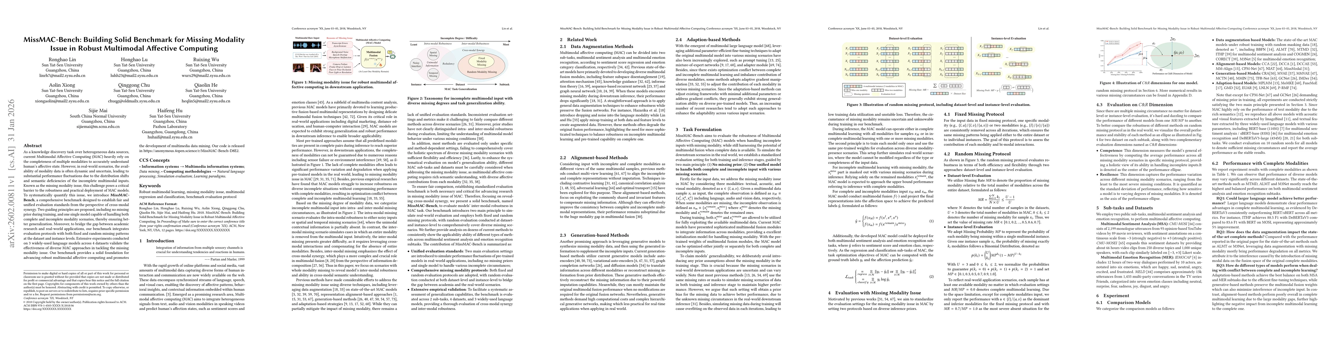Thumbnail for MissMAC-Bench: Building Solid Benchmark for Missing Modality Issue in Robust Multimodal Affective Computing