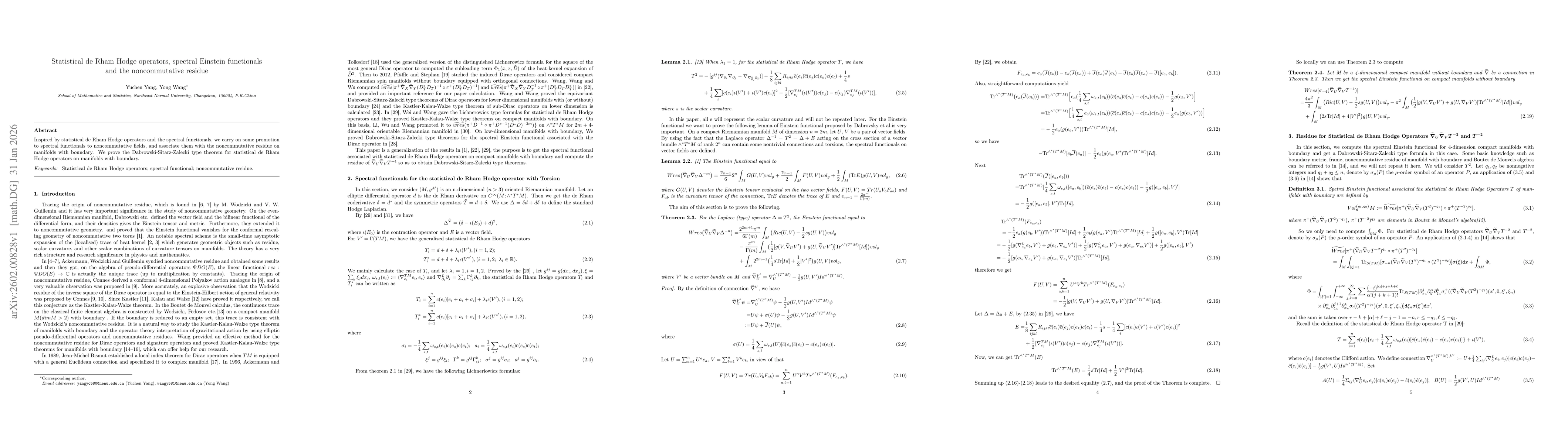 Thumbnail for Statistical de Rham Hodge operators, spectral Einstein functionals and the noncommutative residue