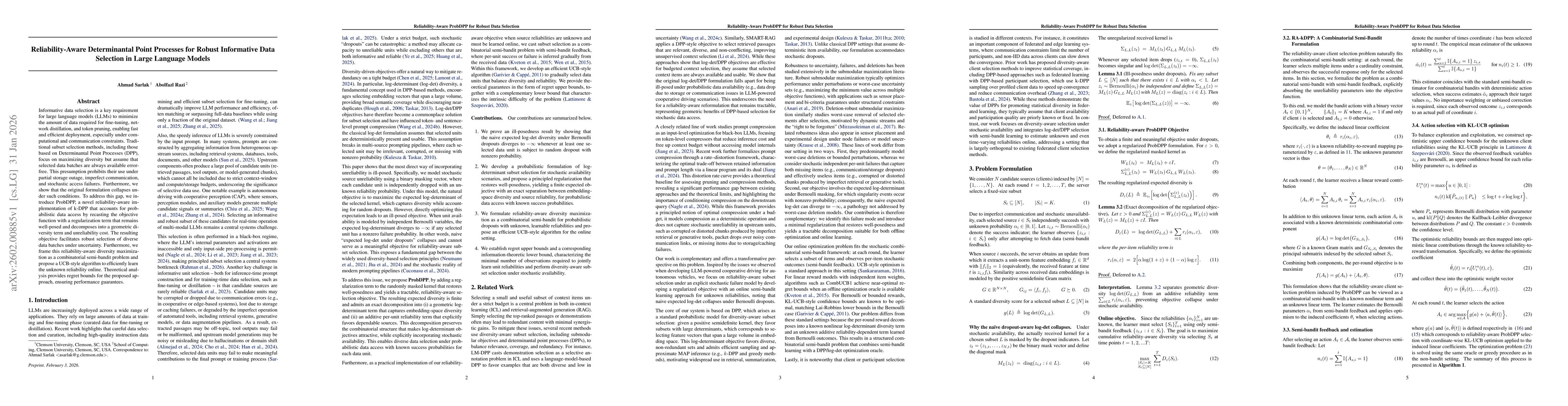 Thumbnail for Reliability-Aware Determinantal Point Processes for Robust Informative Data Selection in Large Language Models